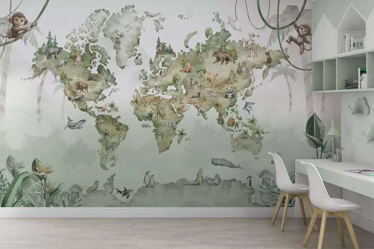 murales de pared Mapamundi en acuarela con animales w04418