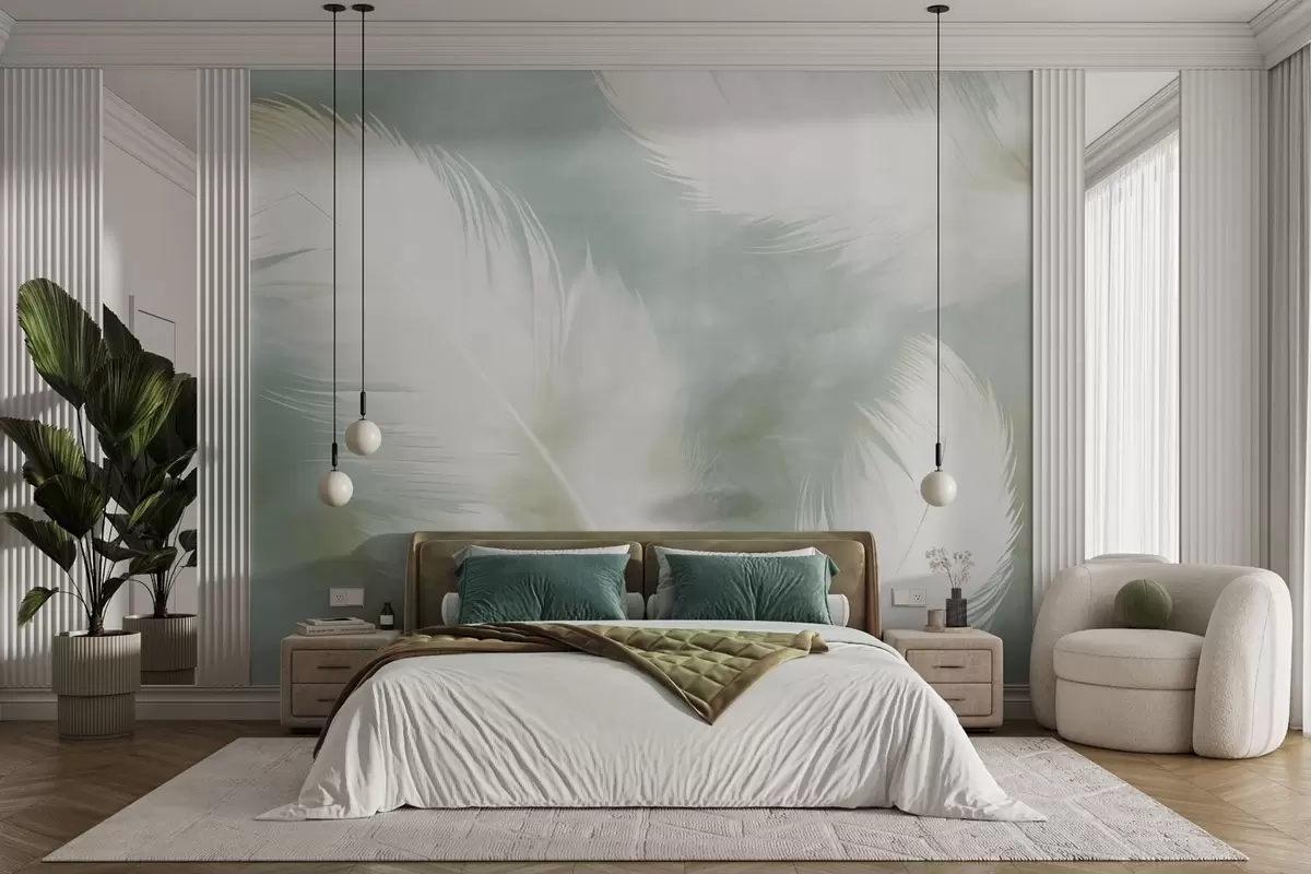 murales de pared Delicadas plumas blancas sobre un suave fondo menta w04399