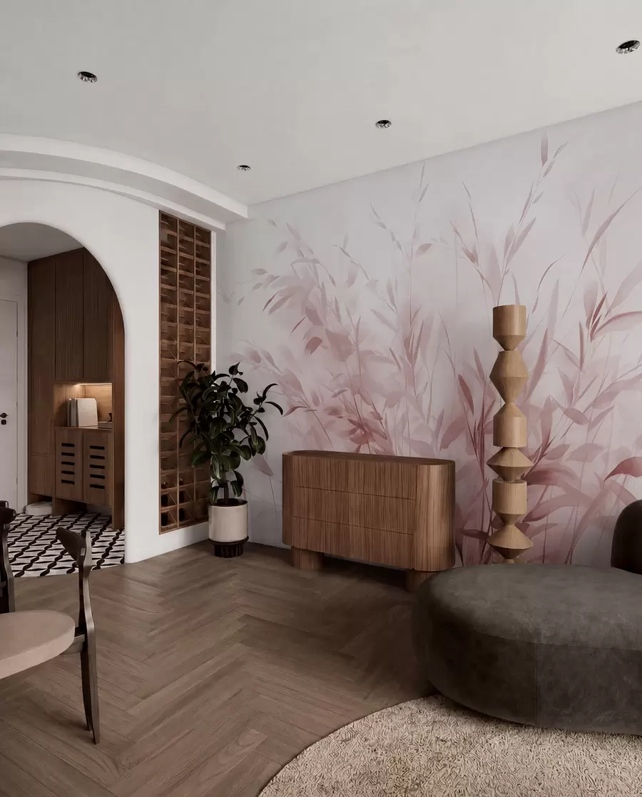 murales de pared Hierba y maleza con hojas y tallos finos, colores rosa claro, pinceladas suaves y delicadas, estampado minimalista w09342v2