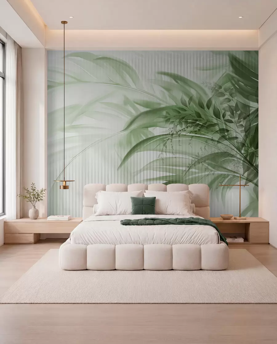 murales de pared Palmera tropical de hojas verdes con fondo blanco a rayas, iluminación suave, pinceladas delicadas, formas orgánicas w09343