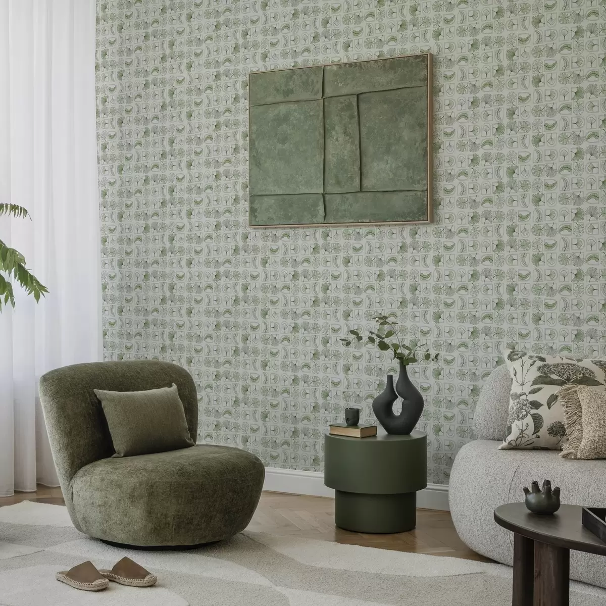 Papel pintado Patrón gráfico con hojas verdes en cuadrados a00287