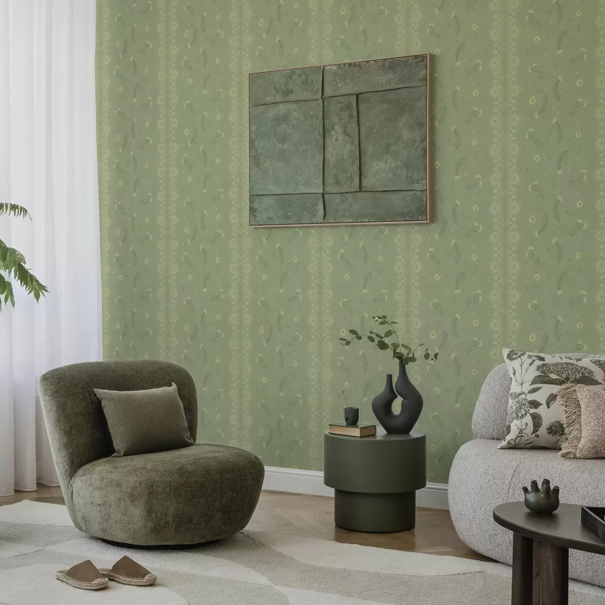 Papel pintado Fondo verde con margaritas y borde de encaje a00291