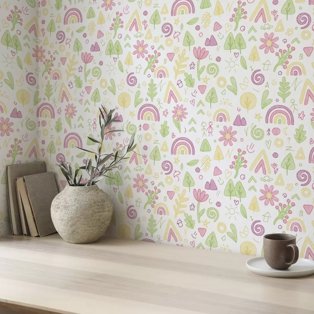 Papel pintado Dibujo infantil con arco iris, flores y árboles a00296