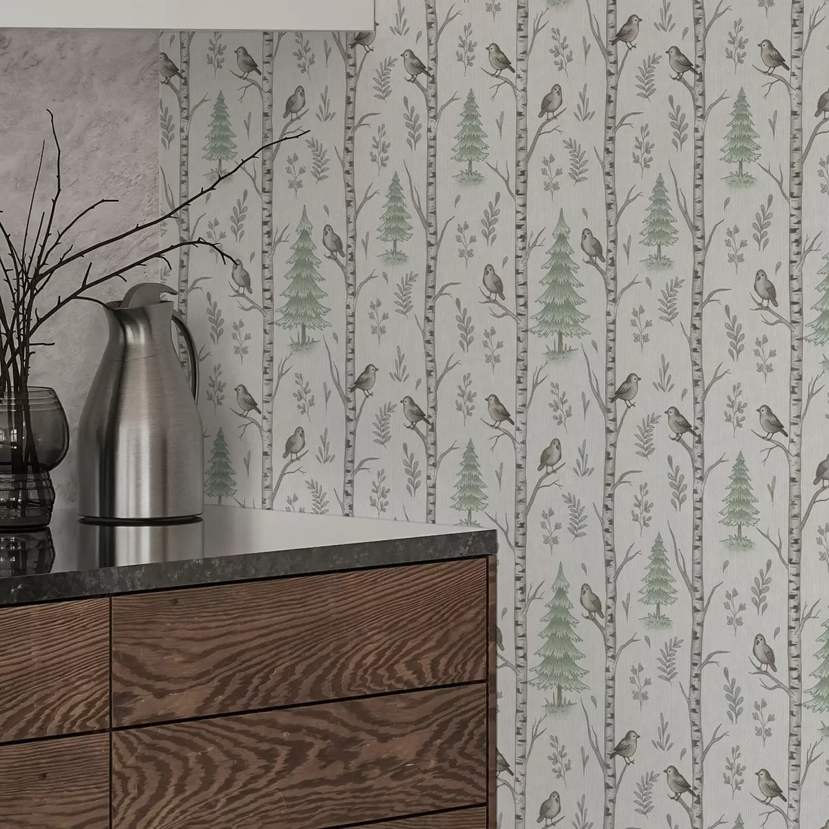 Papel pintado Abedules con pájaros en un bosque verde claro a00316
