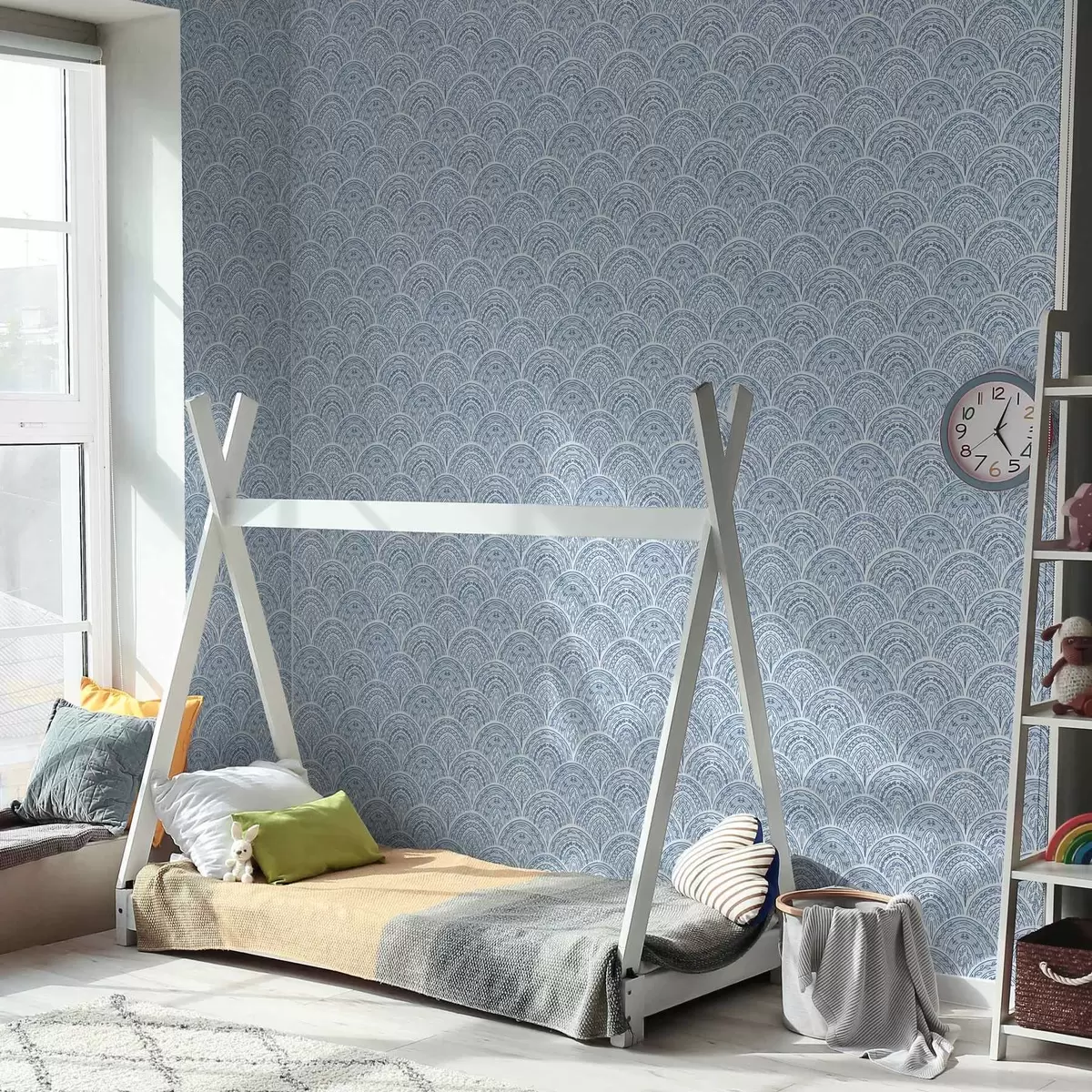 Papel pintado Adorno azul con arcos y motivos a00332