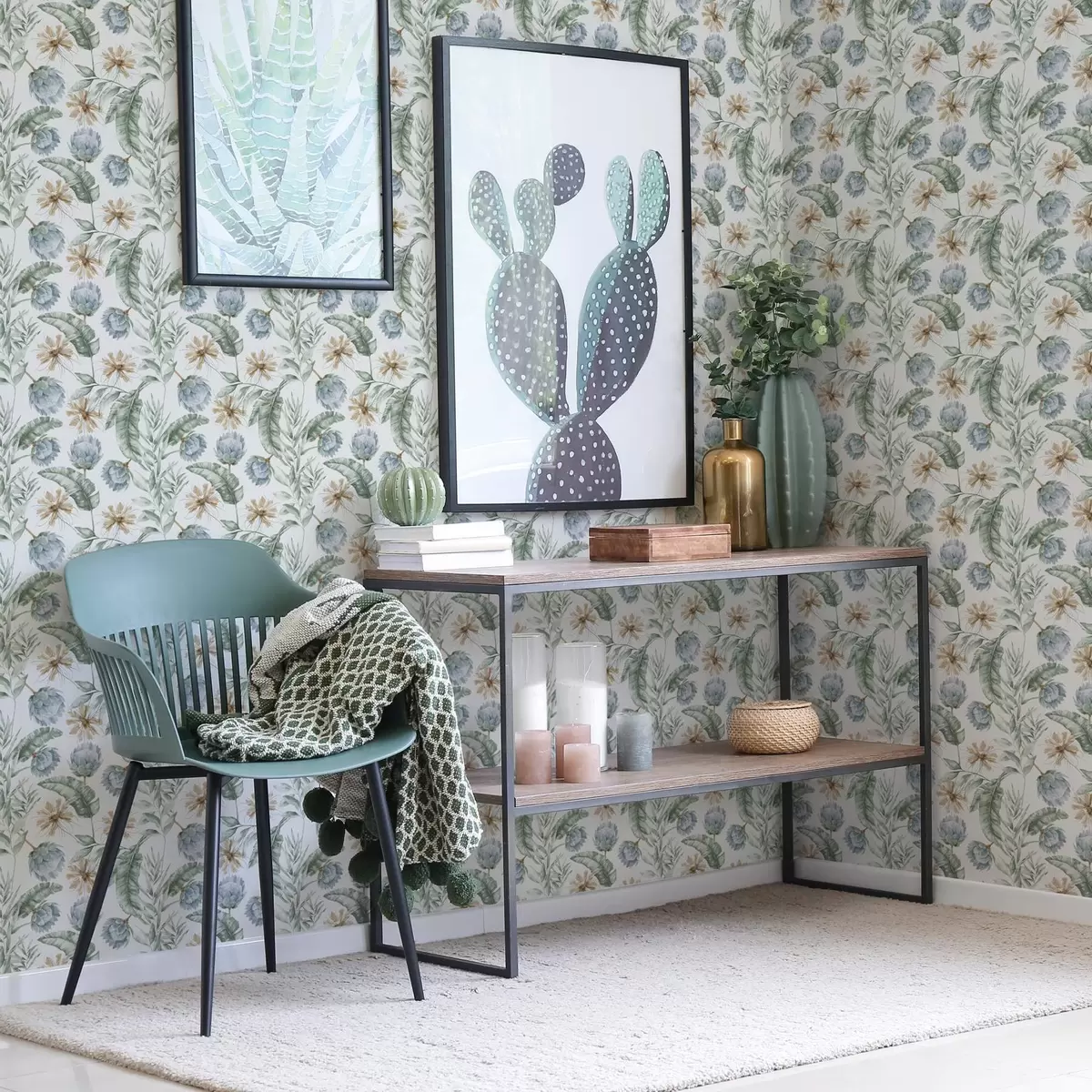 Papel pintado Motivo botánico con alcachofas y hojas tropicales a00340