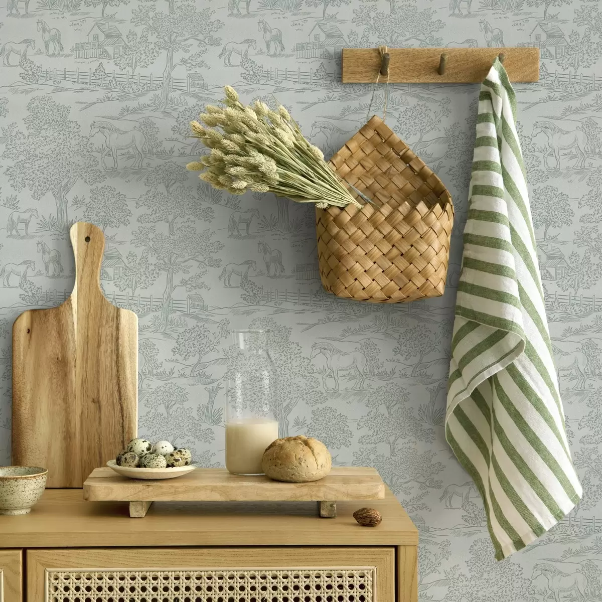 Papel pintado Paisaje verde monocromo con caballos y casitas de campo a00407