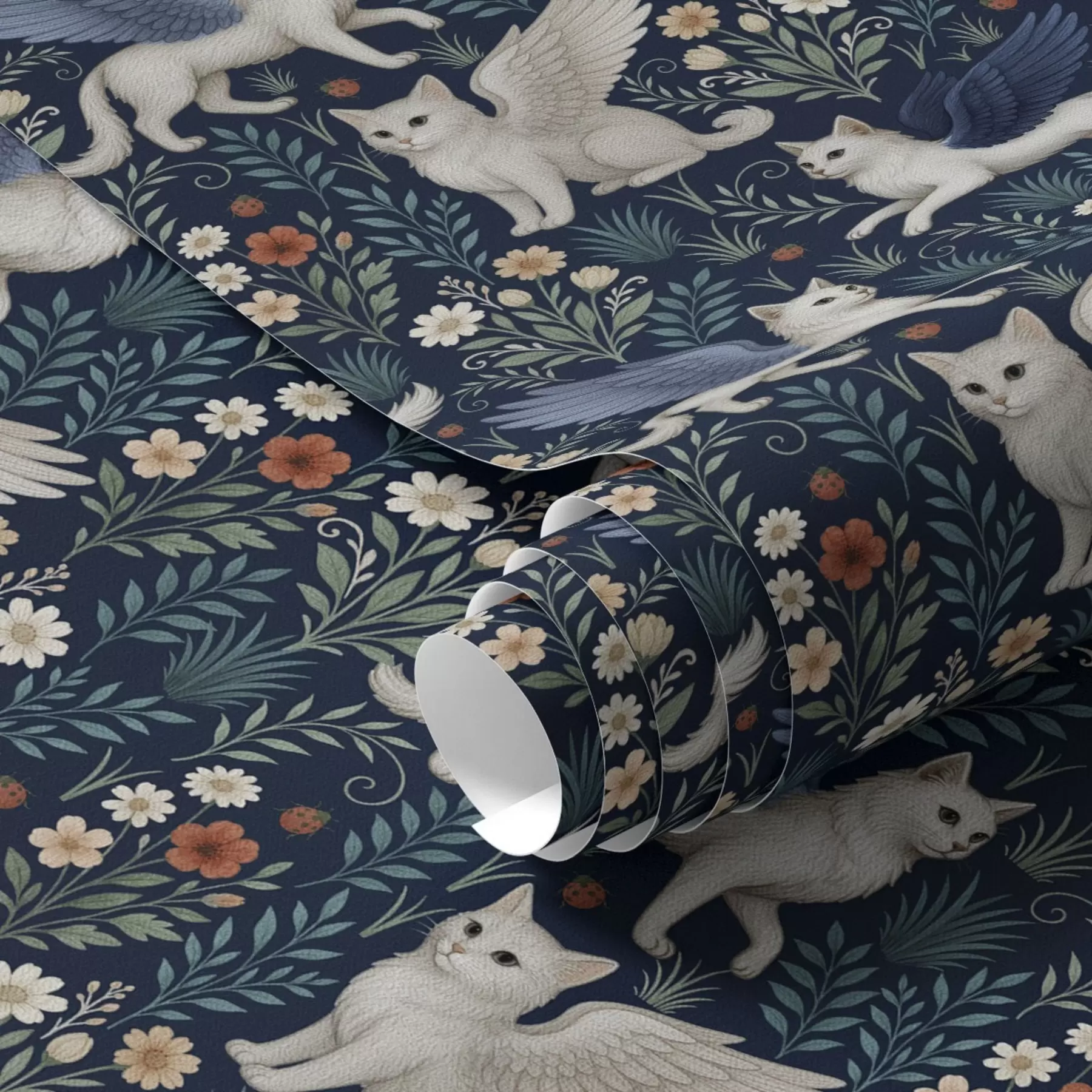 murales de pared Gatos fantásticos con alas entre flores a00408