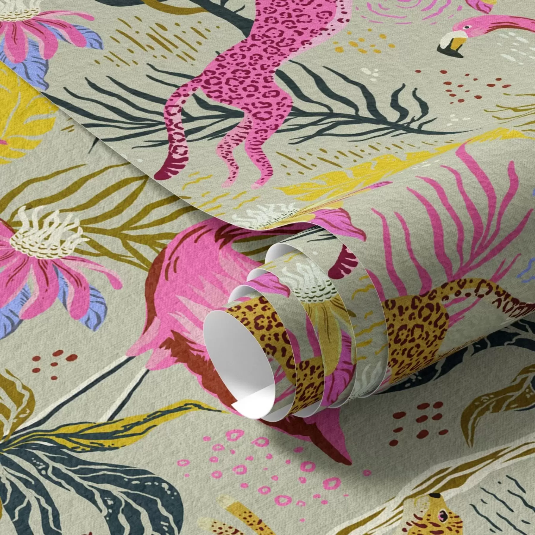 murales de pared Flamencos y leopardos brillantes entre plantas tropicales a00470