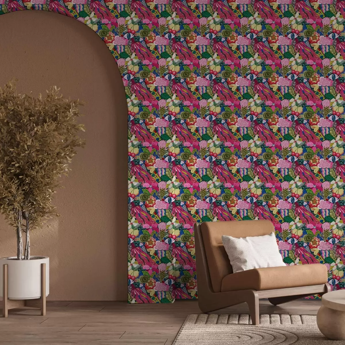 Papel pintado Pop-art abstracto con flores, bayas y motivos a00471
