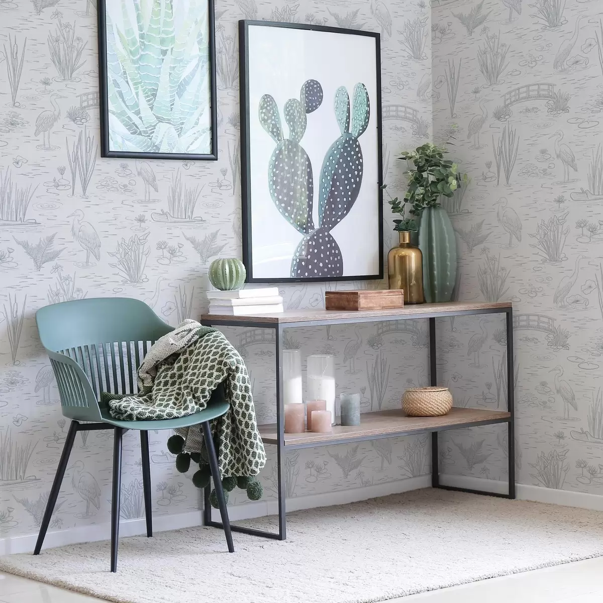 Papel pintado Dibujo de garzas y plantas acuáticas en tonos grises tranquilos a00479