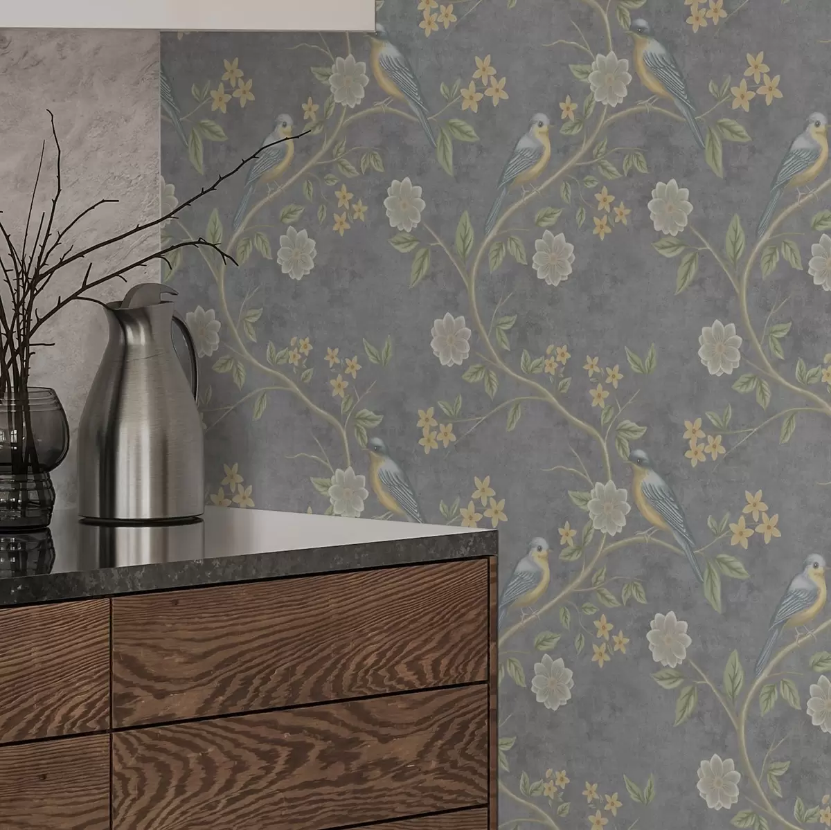 Papel pintado Pájaros en ramas entre flores sobre fondo gris a00483