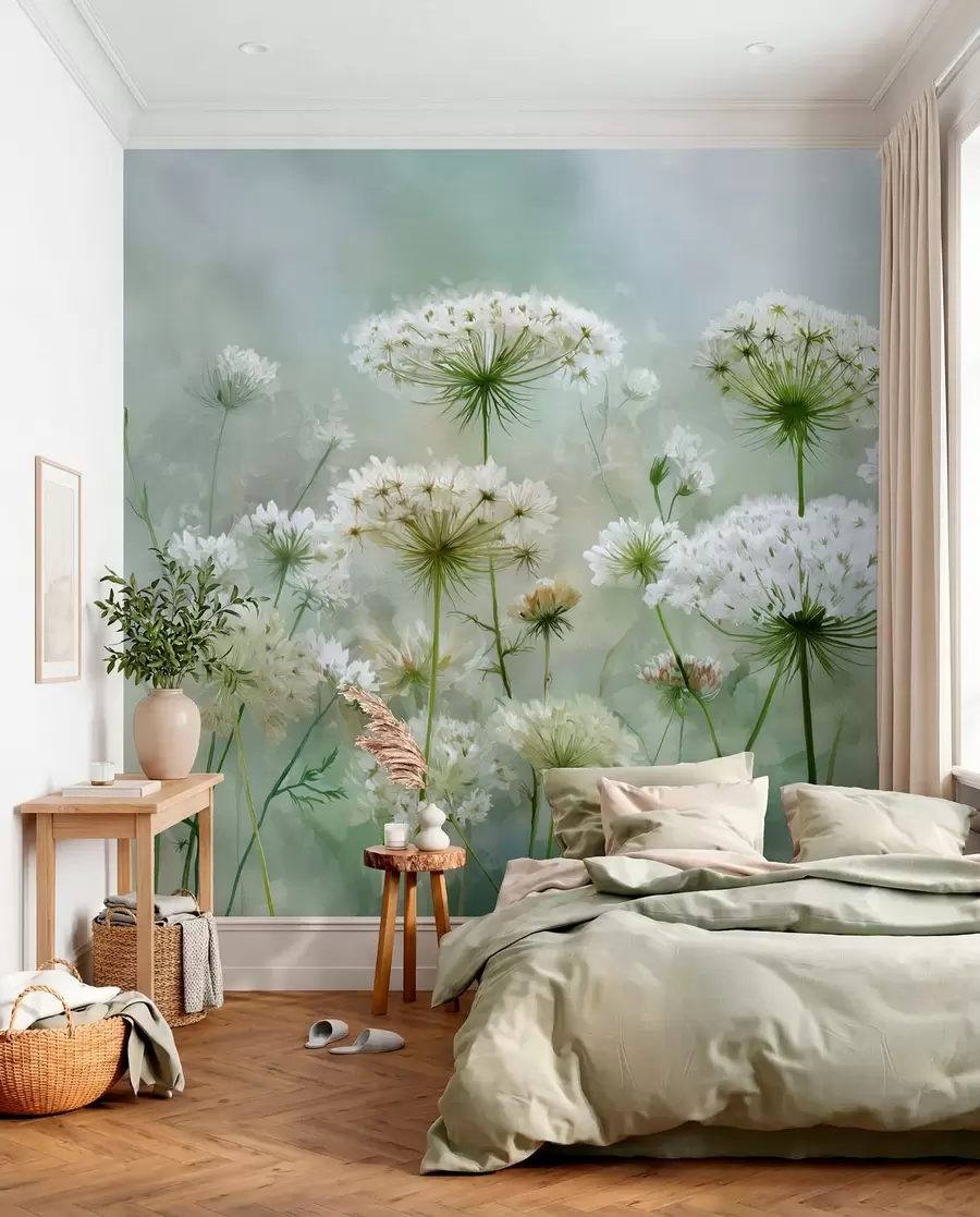 murales de pared delicadas flores silvestres blancas Reina Ana, de estilo pintoresco, tonos verdes w04313