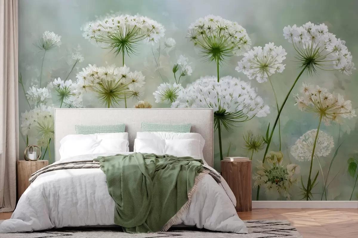 murales de pared delicadas flores silvestres blancas Reina Ana, de estilo pintoresco, tonos verdes w04313