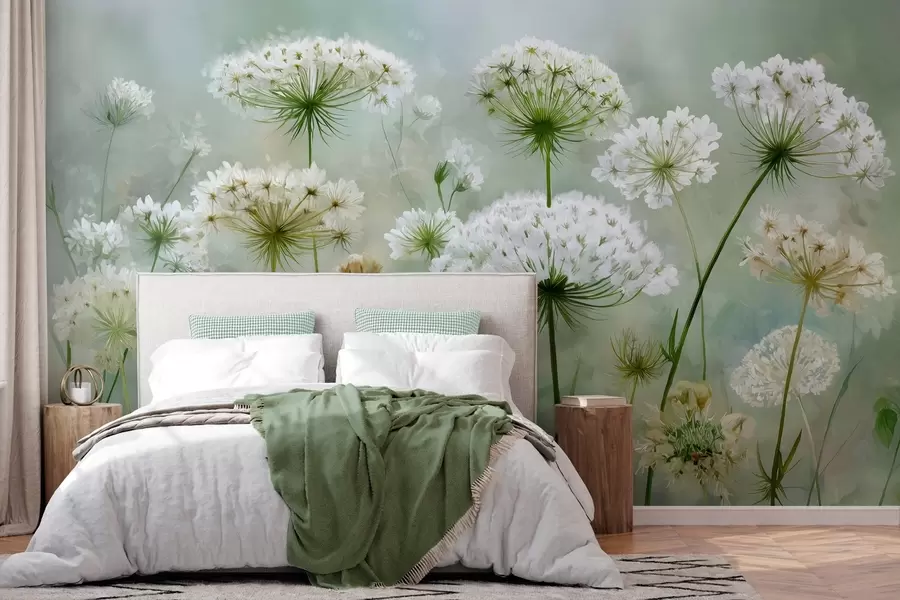 murales de pared delicadas flores silvestres blancas Reina Ana, de estilo pintoresco, tonos verdes w04313