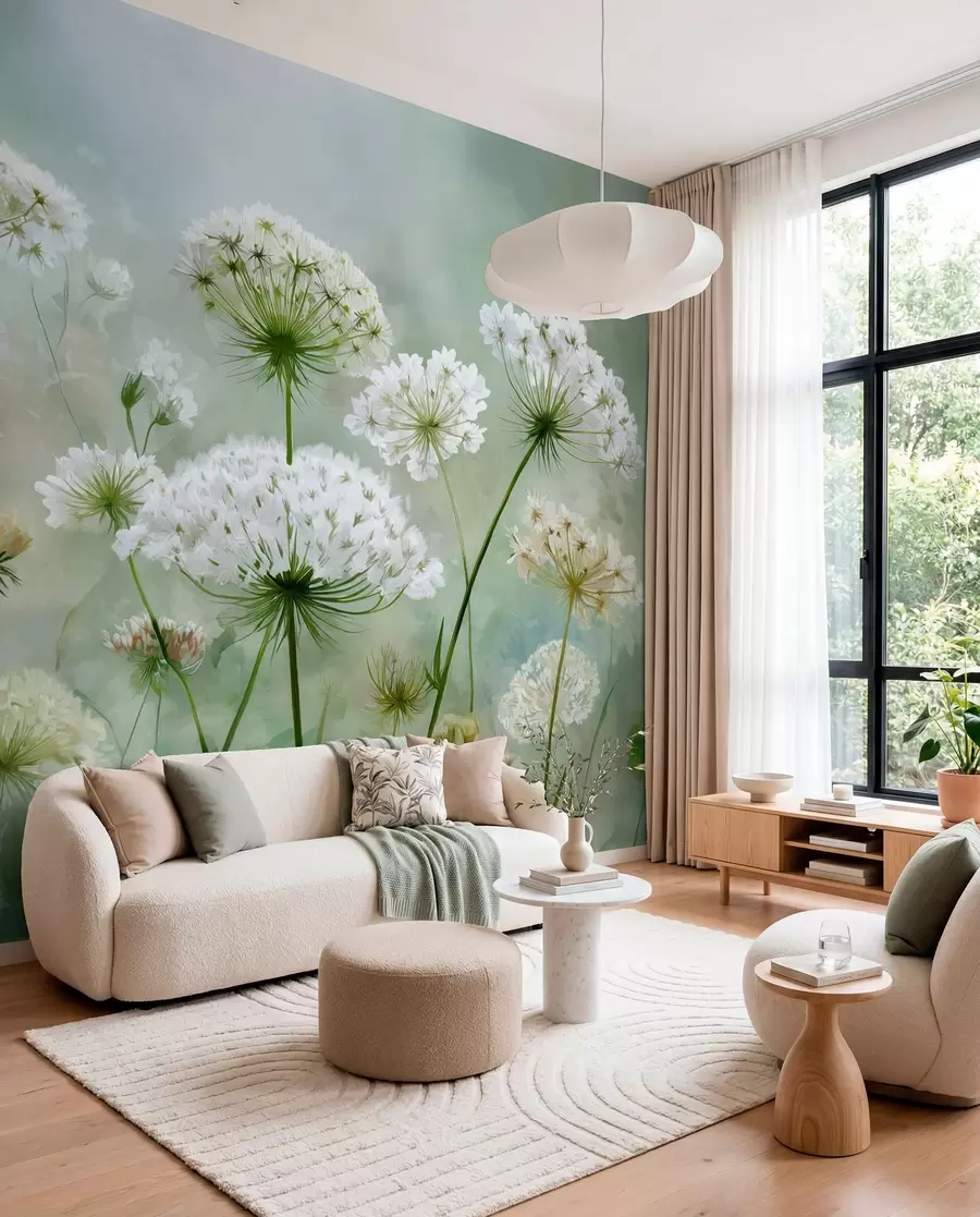 murales de pared delicadas flores silvestres blancas Reina Ana, de estilo pintoresco, tonos verdes w04313