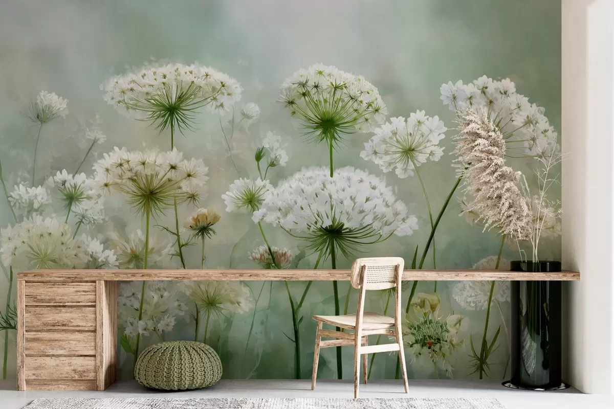 murales de pared delicadas flores silvestres blancas Reina Ana, de estilo pintoresco, tonos verdes w04313
