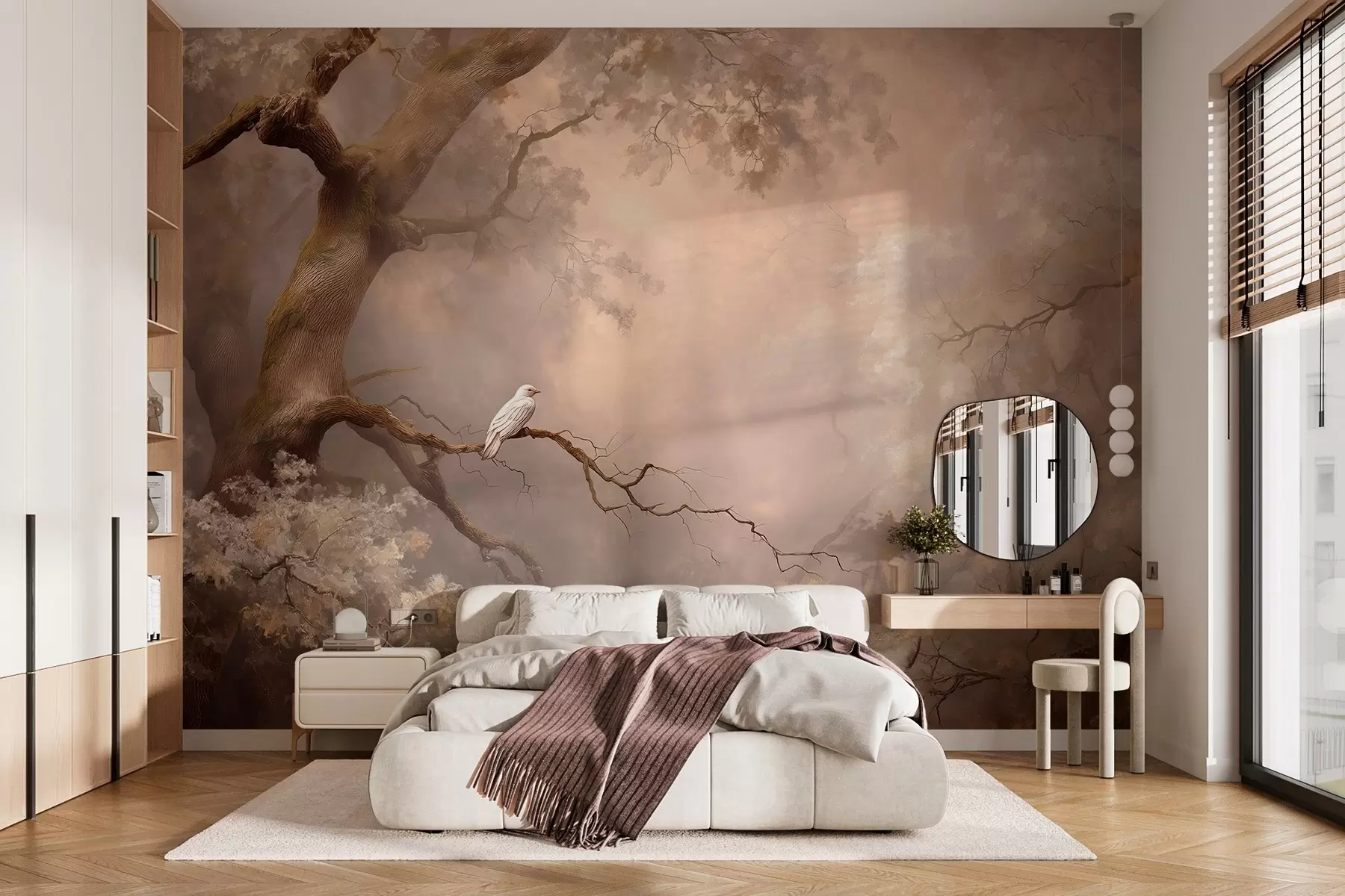 murales de pared bosque místico con un pájaro blanco w04314