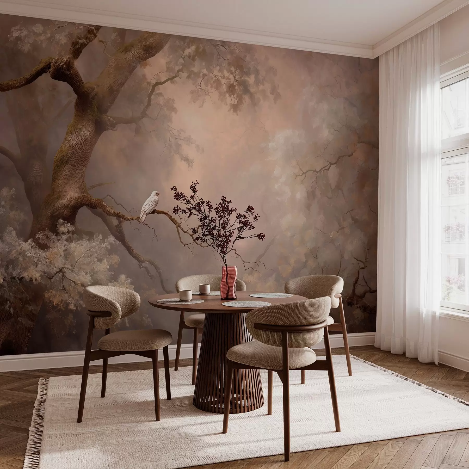 murales de pared bosque místico con un pájaro blanco w04314
