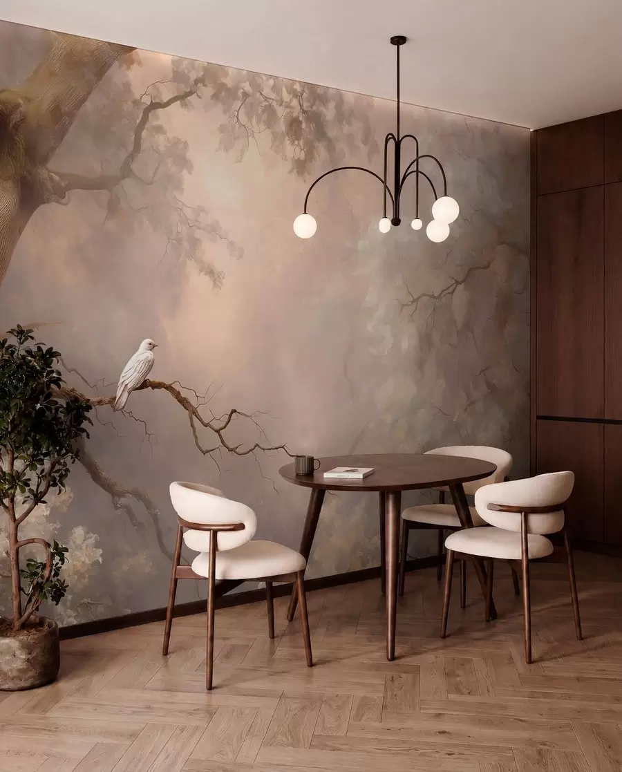 murales de pared bosque místico con un pájaro blanco w04314