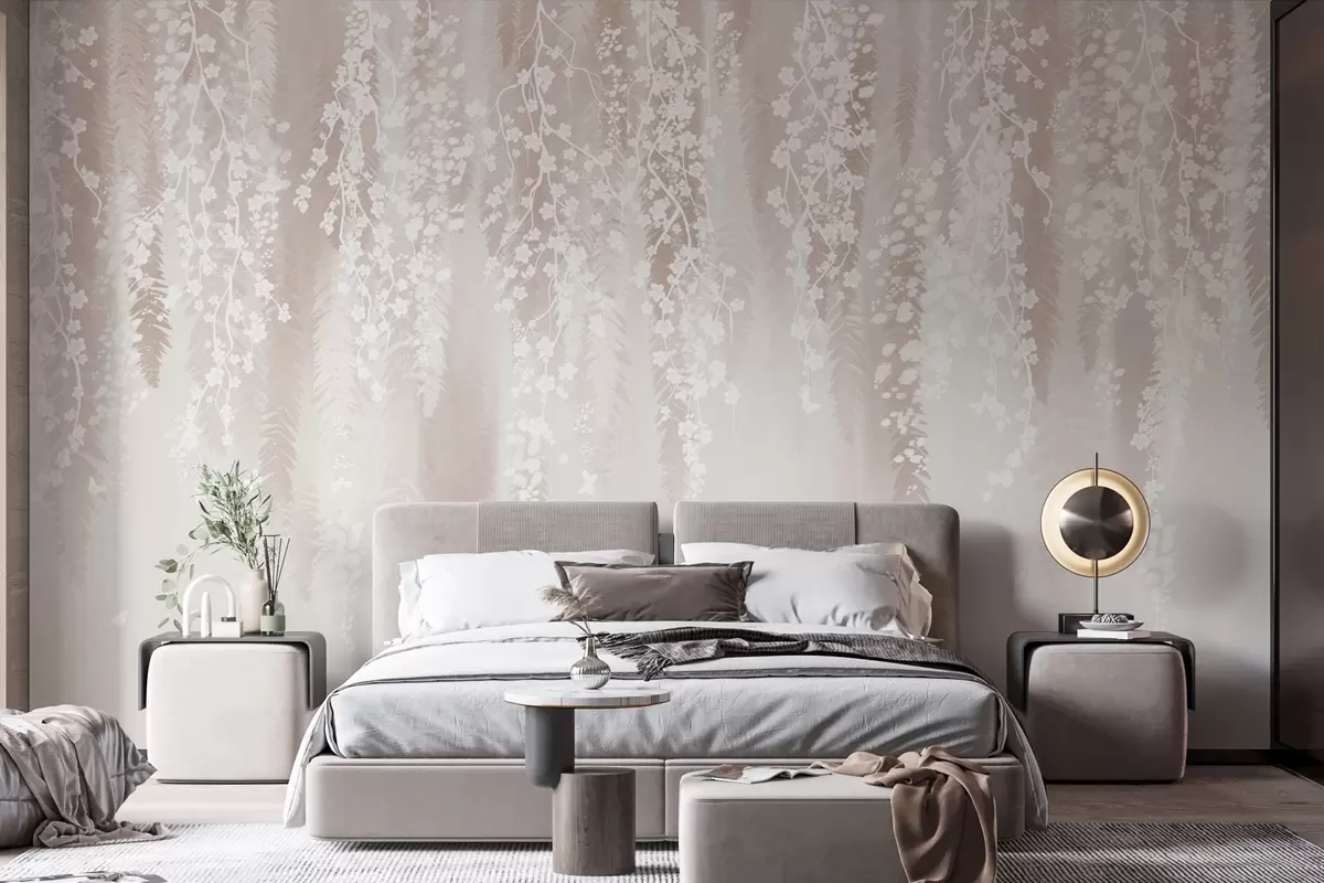 murales de pared Ramas ligeras con flores blancas sobre un fondo suave w04417