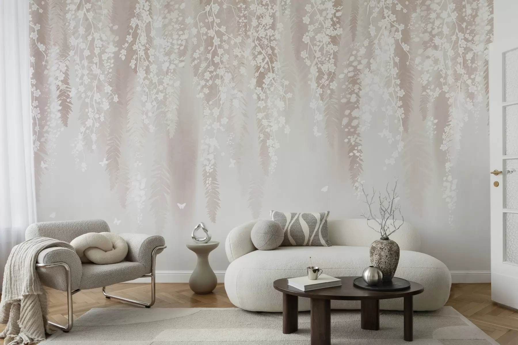 murales de pared Ramas ligeras con flores blancas sobre un fondo suave w04417