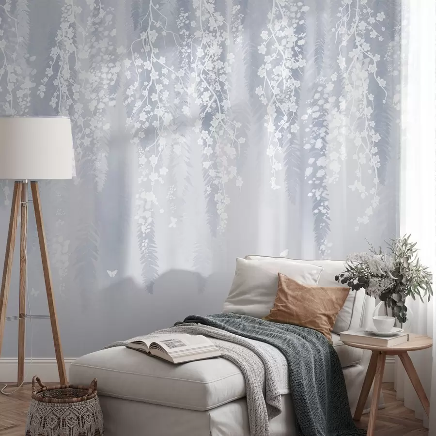 murales de pared Fresca versión azul de ramas con flores blancas w04417v2
