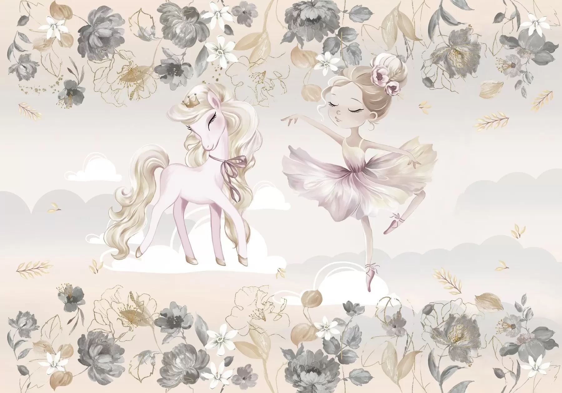 murales de pared Poni blanco como la nieve y bailarina entre flores y nubes w04419