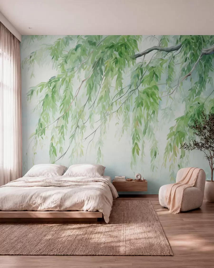 murales de pared Ramas de sauce llorón con hojas verdes colgando, pinceladas suaves y delicadas, estilo de pintura acuarela w09365