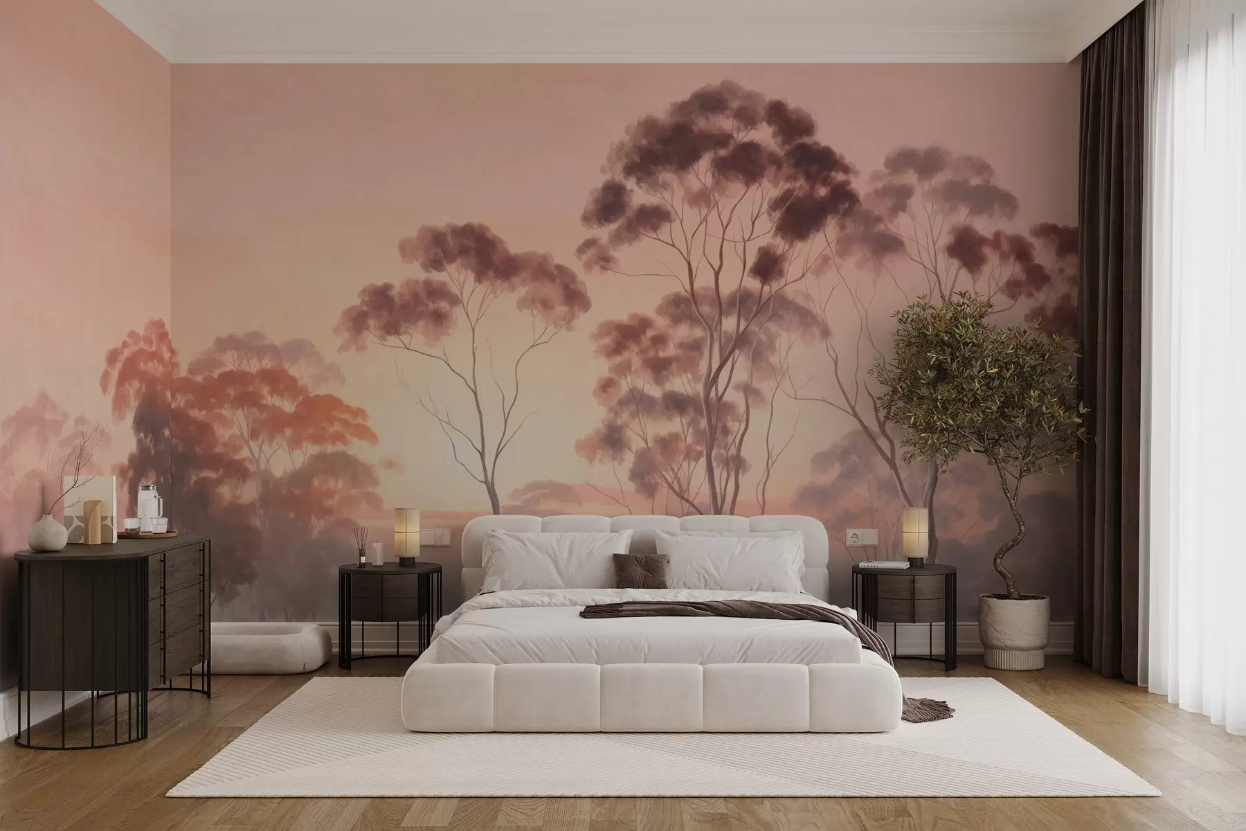 murales de pared Un paisaje con eucaliptos en un campo con cielo rosa pastel y naranja, una ligera niebla, pintura estilo texturizado w09367