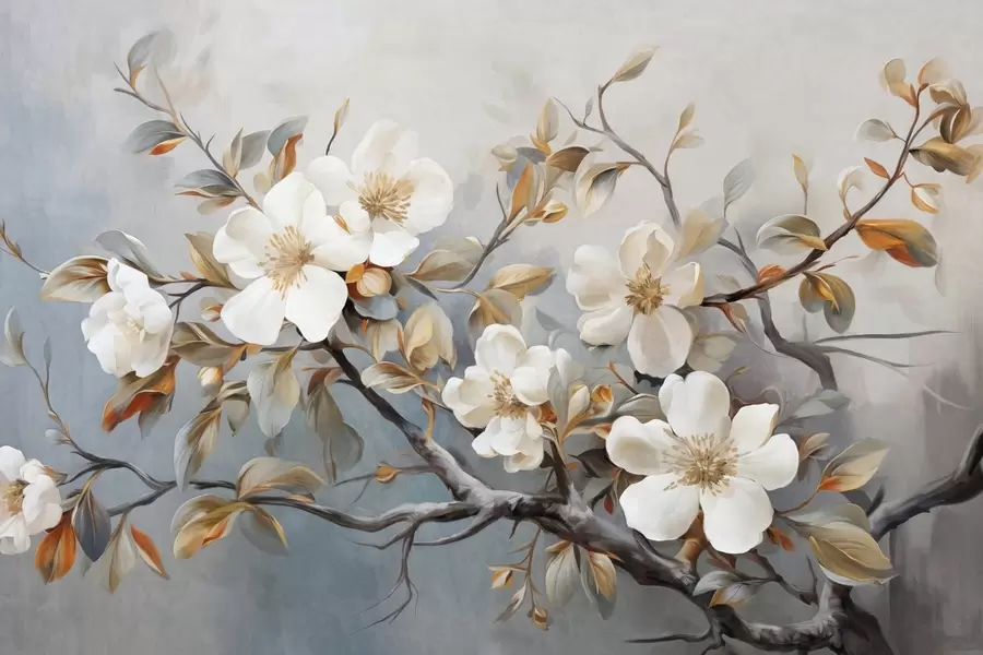 murales de pared Flores blancas con pistilos amarillos en una rama de árbol con hojas, fondo claro, estilo de pintura vintage, impresión texturizada w09368