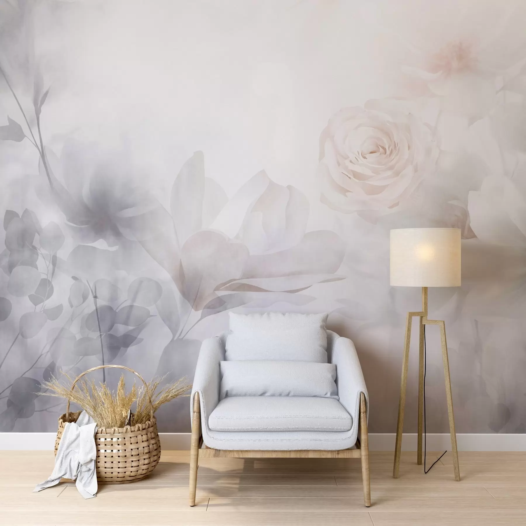 murales de pared Delicado arreglo floral abstracto con rosas y magnolias rosa pastel, enfoque suave, fondo gris claro w09371