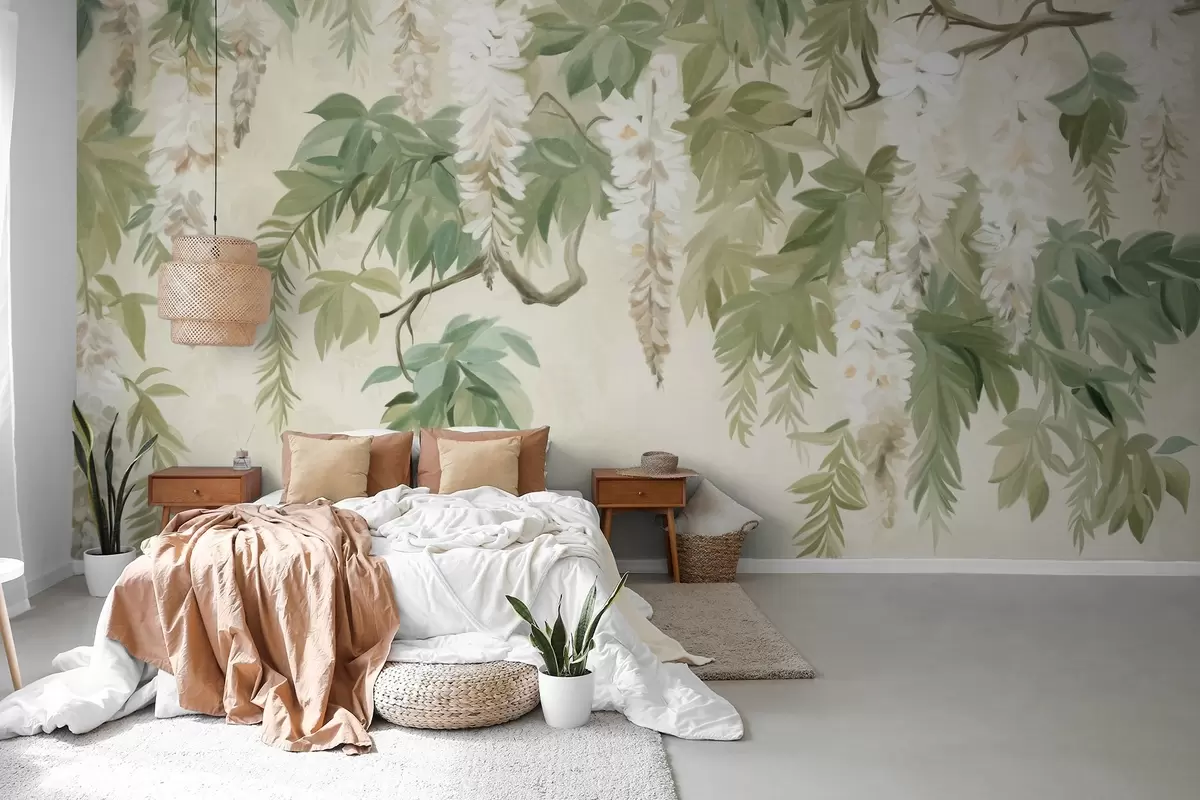 murales de pared Ramas de glicinas con flores blancas y hojas verdes, fondo verde, estilo de pintura vintage con textura w09375