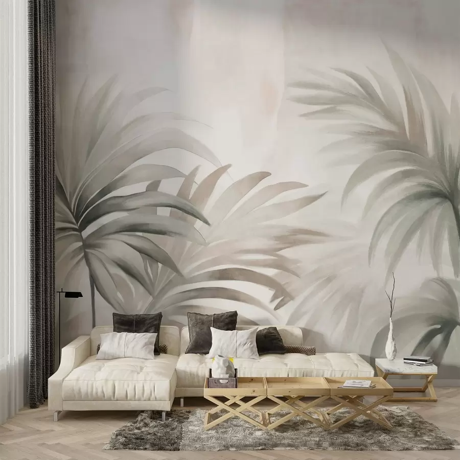 murales de pared Hojas de palmera texturizadas en colores neutros, fondo abstracto beige, pinceladas suaves, follaje tropical texturizado w09380