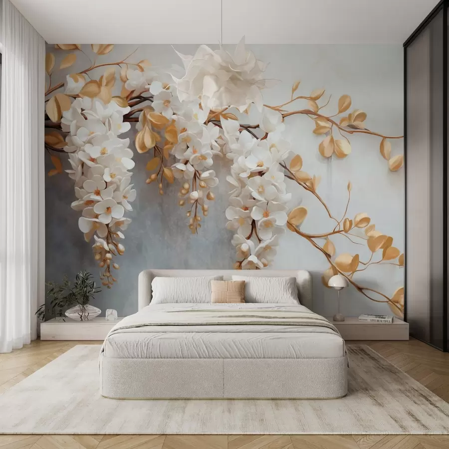 murales de pared Flores blancas de glicinia con hojas amarillas sobre una rama, cayendo en cascada sobre un fondo blanco texturado, pétalos delicados w09381