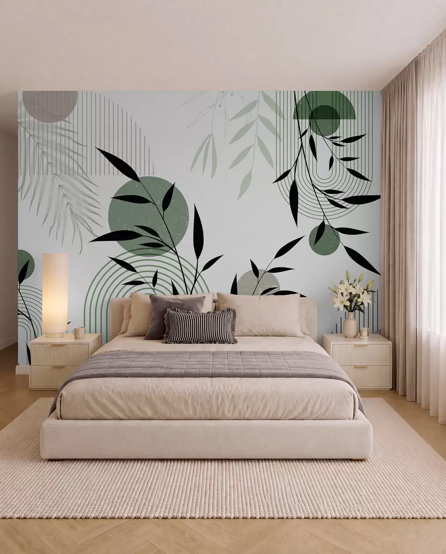 murales de pared Estampado abstracto texturizado con formas geométricas, círculos y arcos y plantas negras y verdes sobre fondo blanco w09384