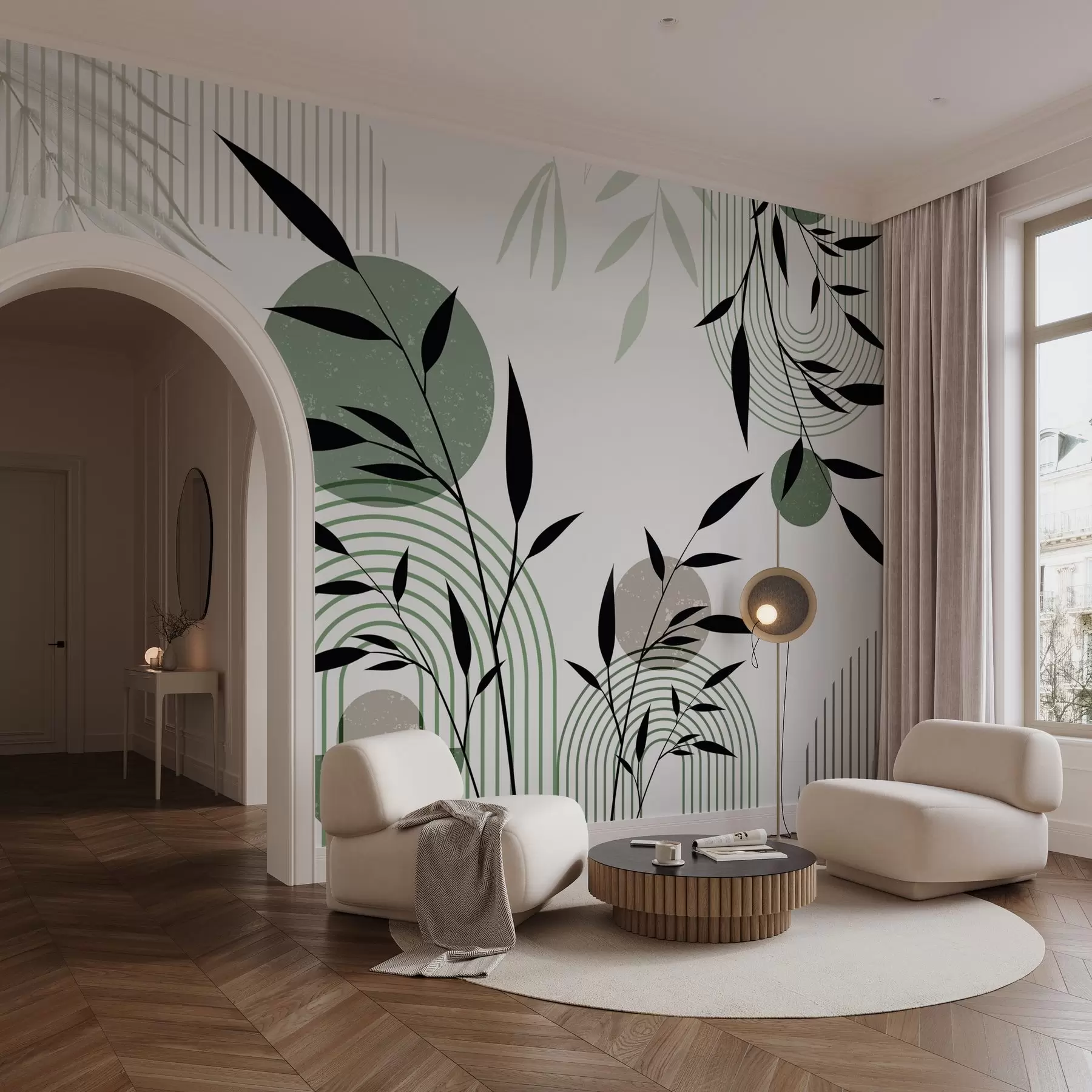 murales de pared Estampado abstracto texturizado con formas geométricas, círculos y arcos y plantas negras y verdes sobre fondo blanco w09384