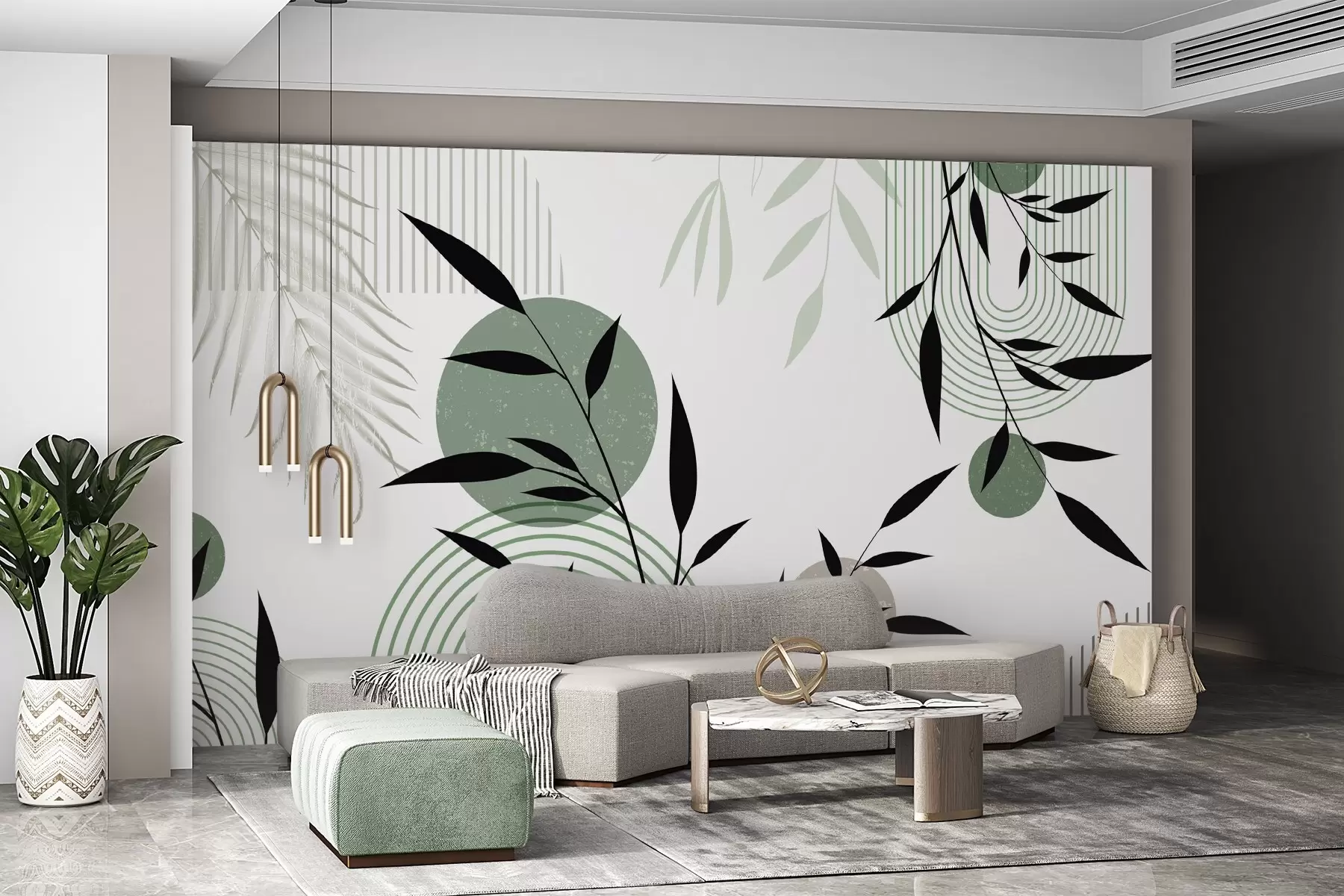 murales de pared Estampado abstracto texturizado con formas geométricas, círculos y arcos y plantas negras y verdes sobre fondo blanco w09384