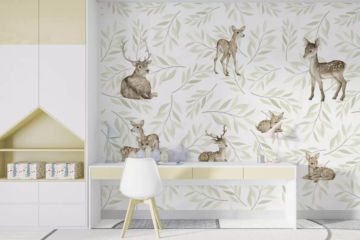 murales de pared Cervatillos entre hojas verdosas sobre fondo blanco w04461v1
