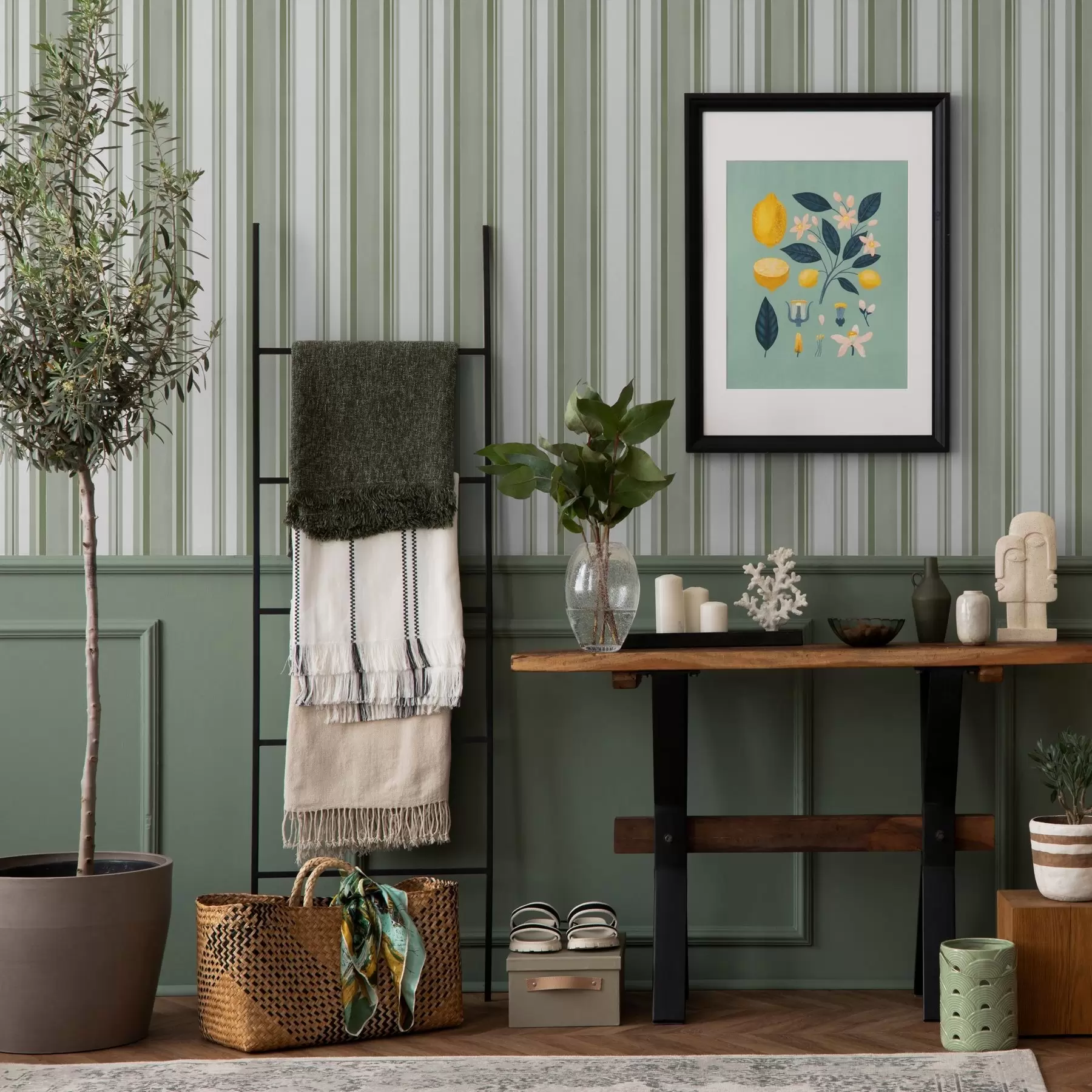 murales de pared Rayas verdes con intervalos blancos y líneas finas a00526