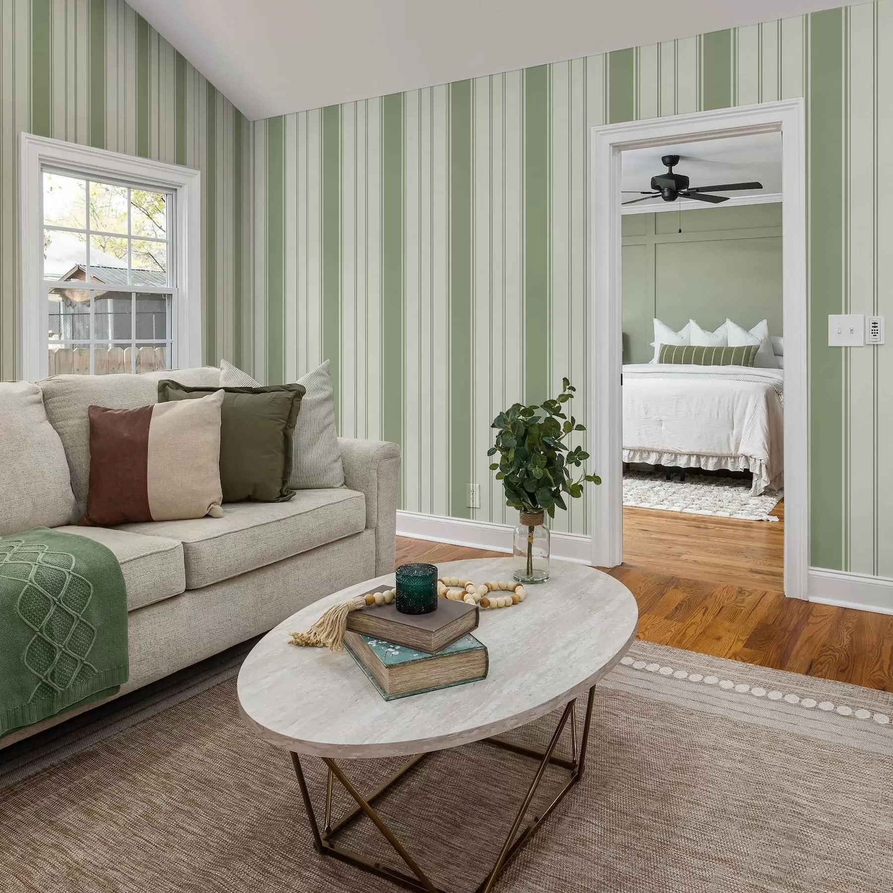 murales de pared Fondo crema con rayas anchas verde claro a00561