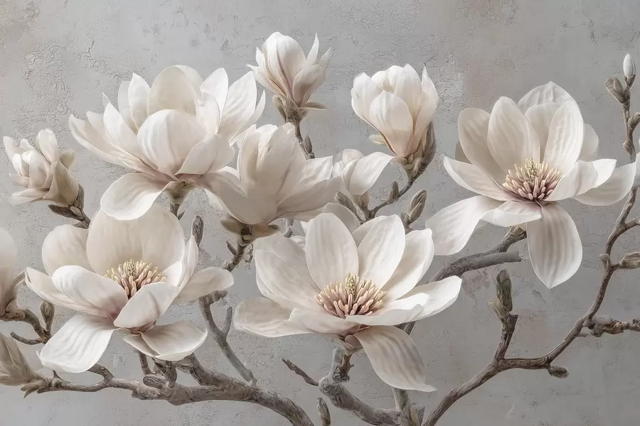 murales de pared Ramas de magnolia con grandes flores claras en tonos apagados w09305