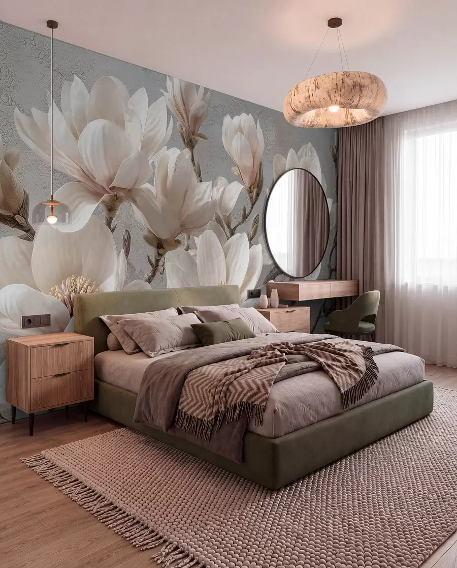 murales de pared Ramas de magnolia con grandes flores claras en tonos apagados w09305