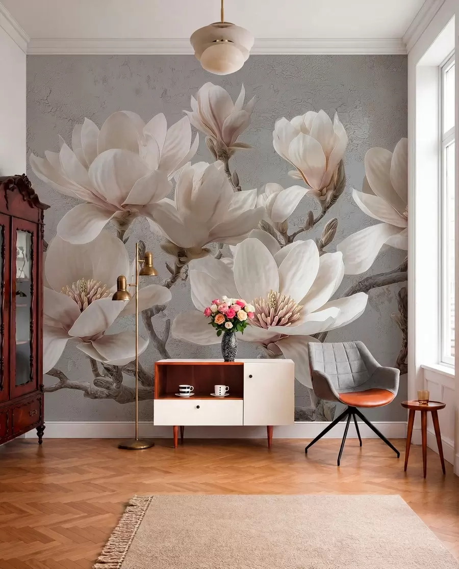 murales de pared Ramas de magnolia con grandes flores claras en tonos apagados w09305