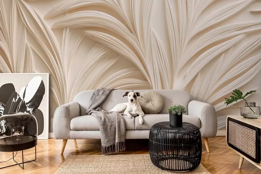 murales de pared Hojas decorativas de color beige en estilo 3D w09351