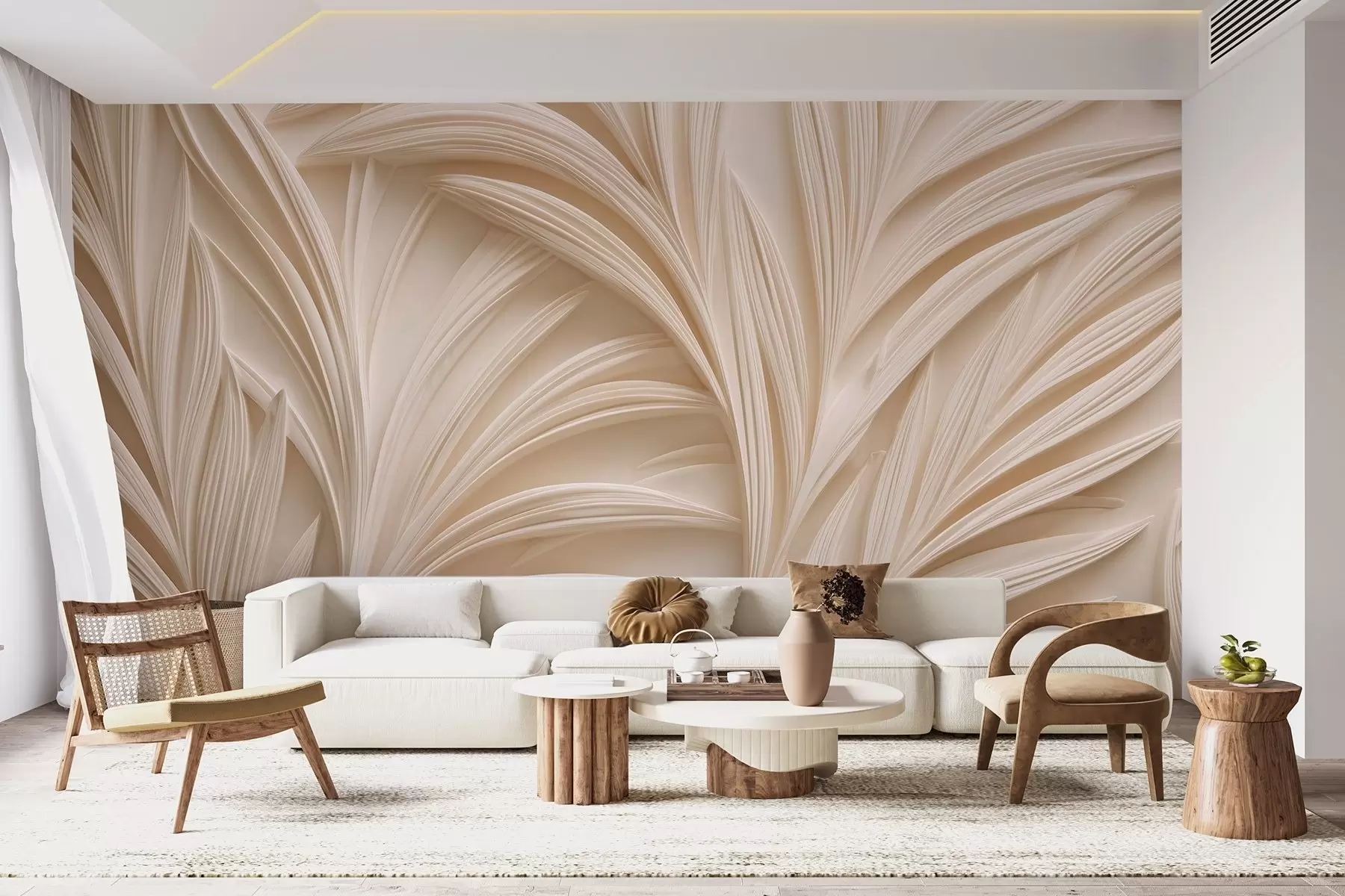murales de pared Hojas decorativas de color beige en estilo 3D w09351