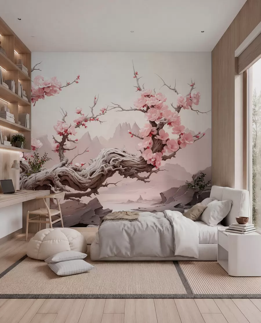 murales de pared Tronco de árbol retorcido con sakura rosa en flor w09388