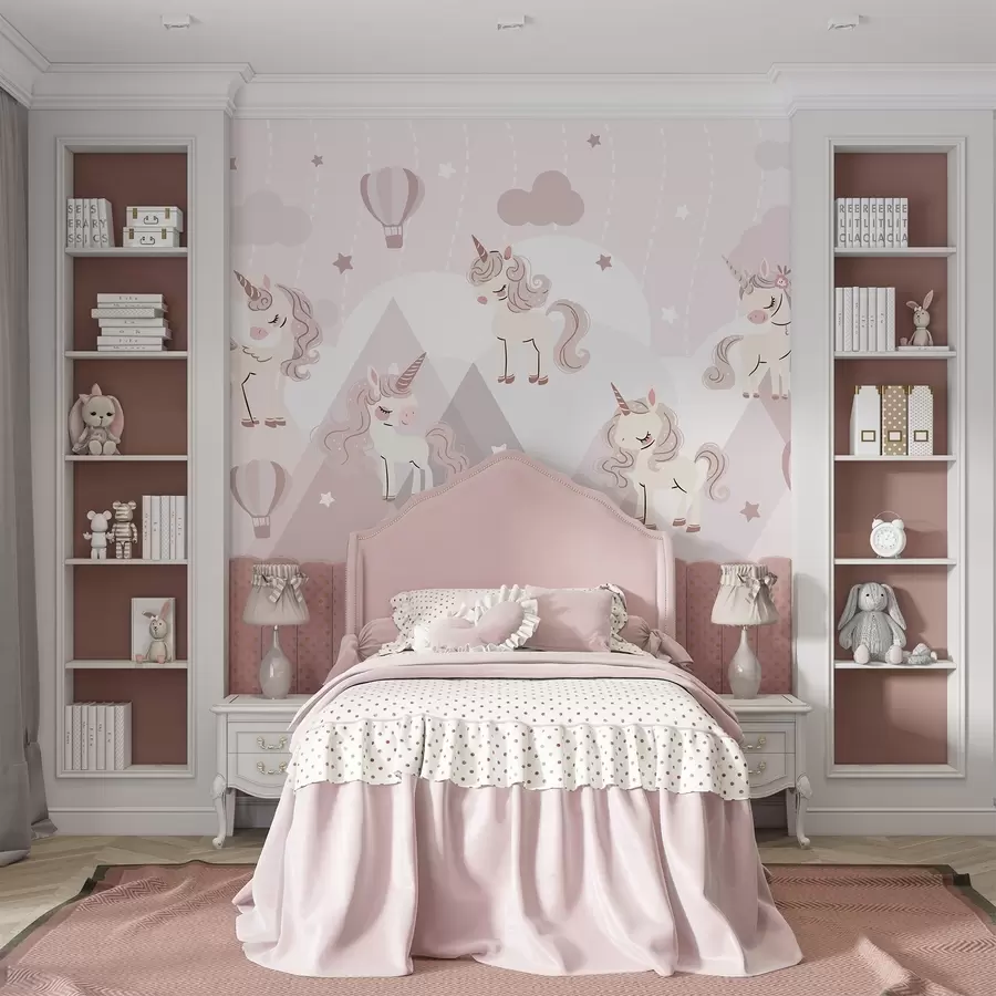 murales de pared Unicornios en montañas de cuento de hadas w04540