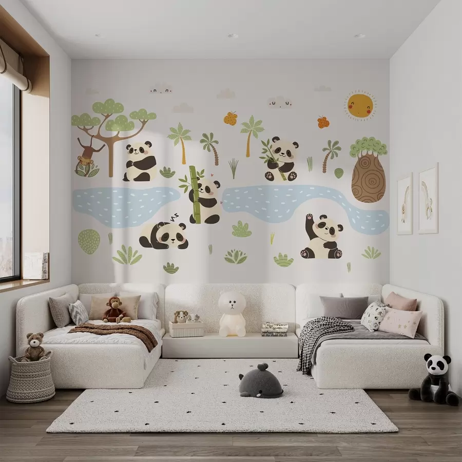 murales de pared Pandas alegres junto al río w04541