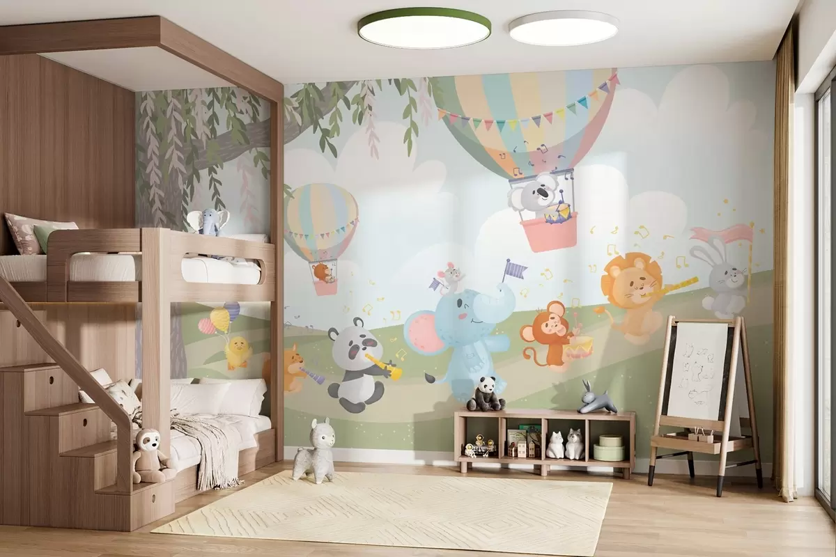 murales de pared Paisaje con animales tocando instrumentos musicales w04200